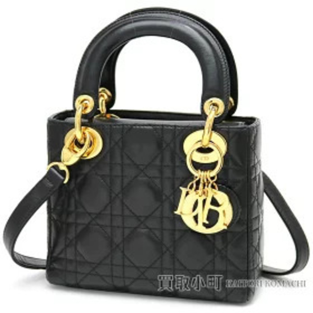 Christian Dior Lady Handbag Cannage Stitch Black Lambskin Charm Bag Shoulder